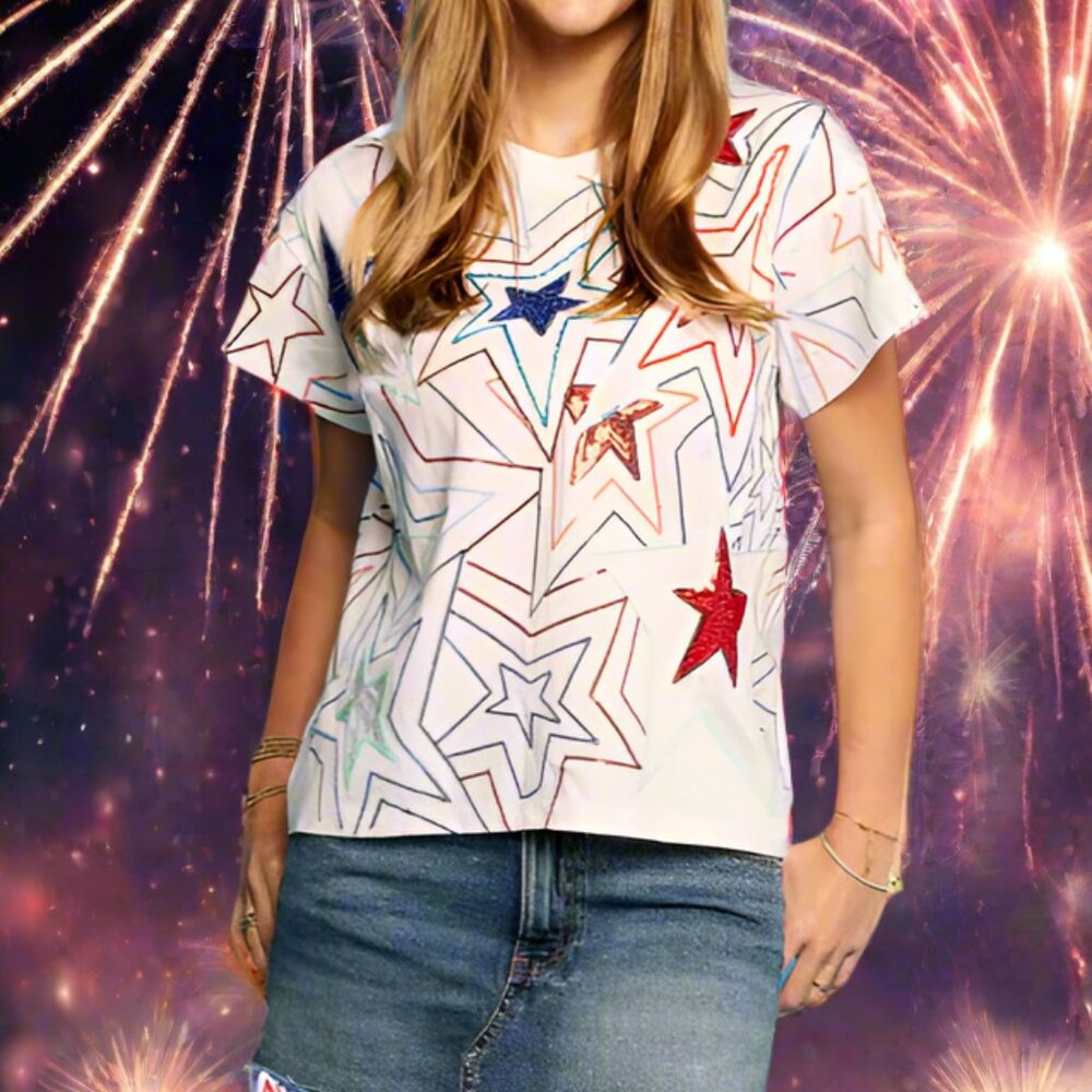 NWT Queen of Sparkles White Groovy Red, Blue & Sequin Star Tee - Picture 4 of 5